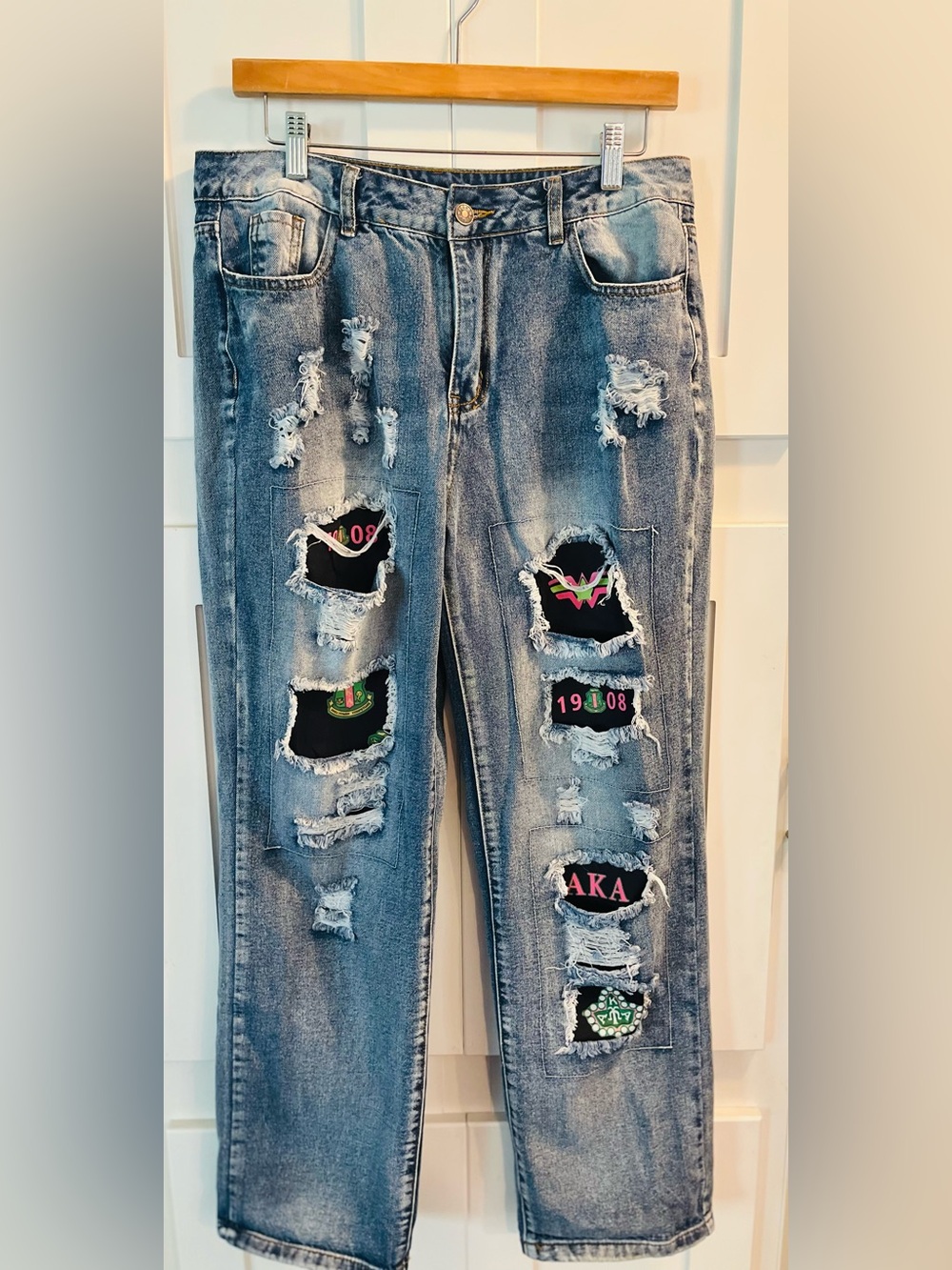 Women's Distressed Patchwork Blue Jeans